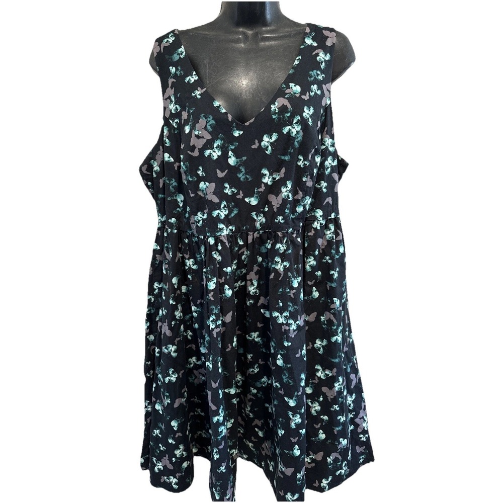 Torrid Black Dress Size 18 Green Butterflies Sleeveless Fit Flare V Neck Cotton
